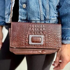 Vintage Brighton Crossbody Bag | Small Brown Croc Embossed Leather Purse